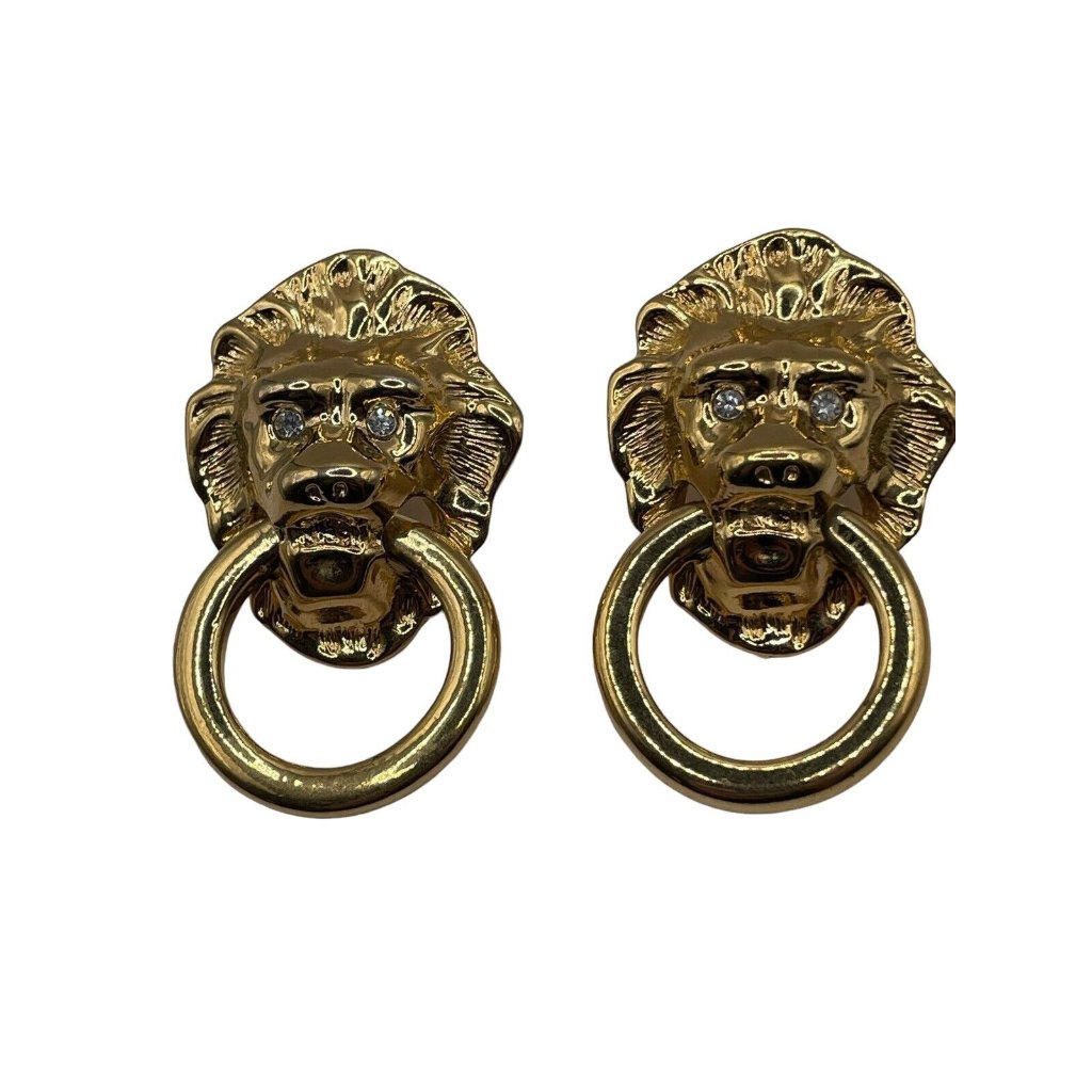 Vtg Kjl Avon Gold Tone Lion Head Door Knocker Clear Rhinestone Earrings Pierced